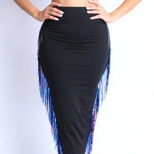 Midi Skirt in black with Iridescent sequin fringed on side